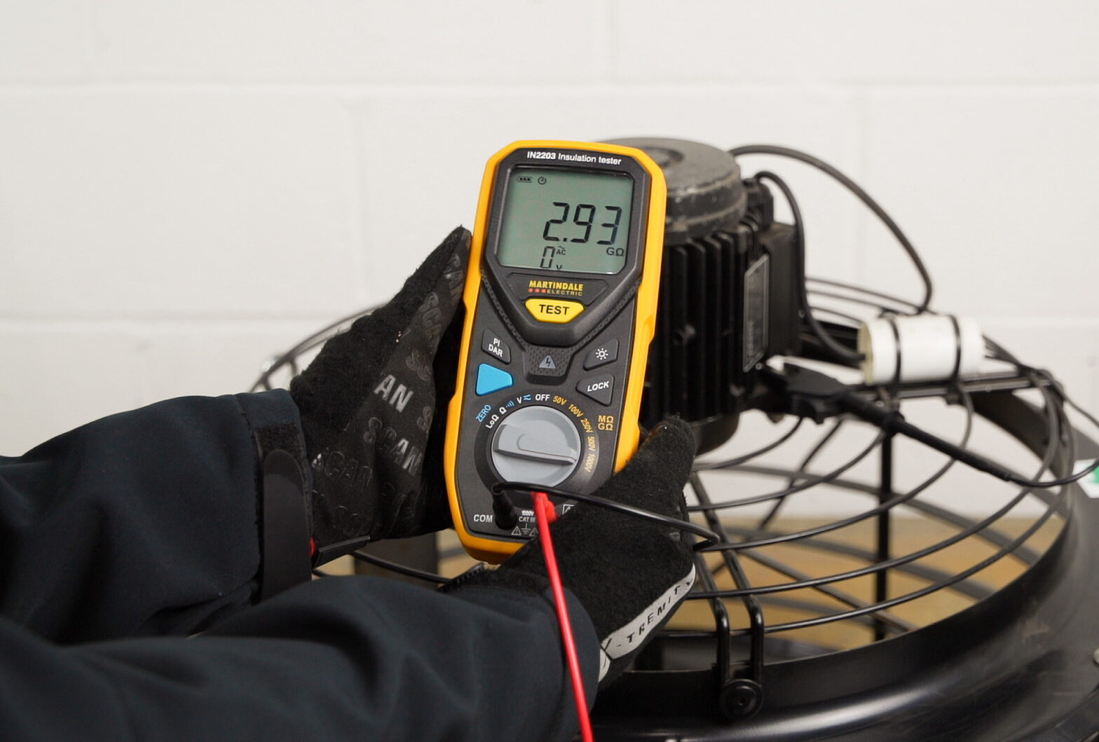 Insulation testing. The in2203 testing a commercial fan